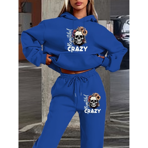 Women's 2024 New Skull Letter Print Hoodie and Pants Set, Casual Polyester Knit - Picture 1 of 6
